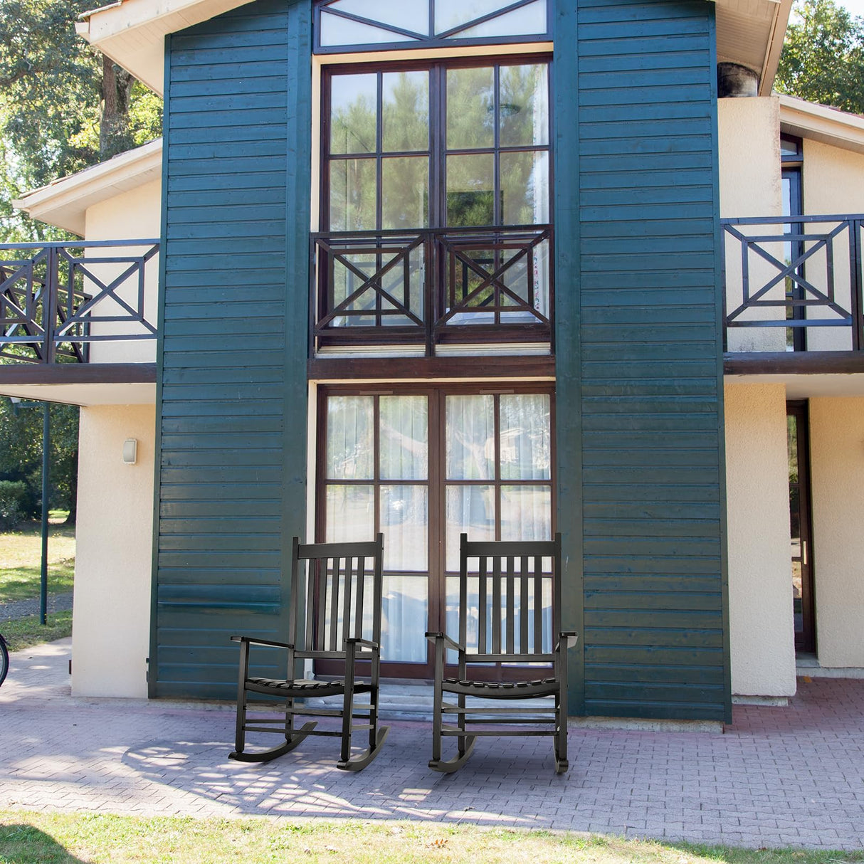 TLGREEN Outdoor Rocking Chair, Solid Wood Oversized Rocking Chair Outdoor with Wide Seat，All Weather Porch Patio Wooden Rocking Chair, Easy to Assemble for Indoor,Outdoor （Black） TLGREEN