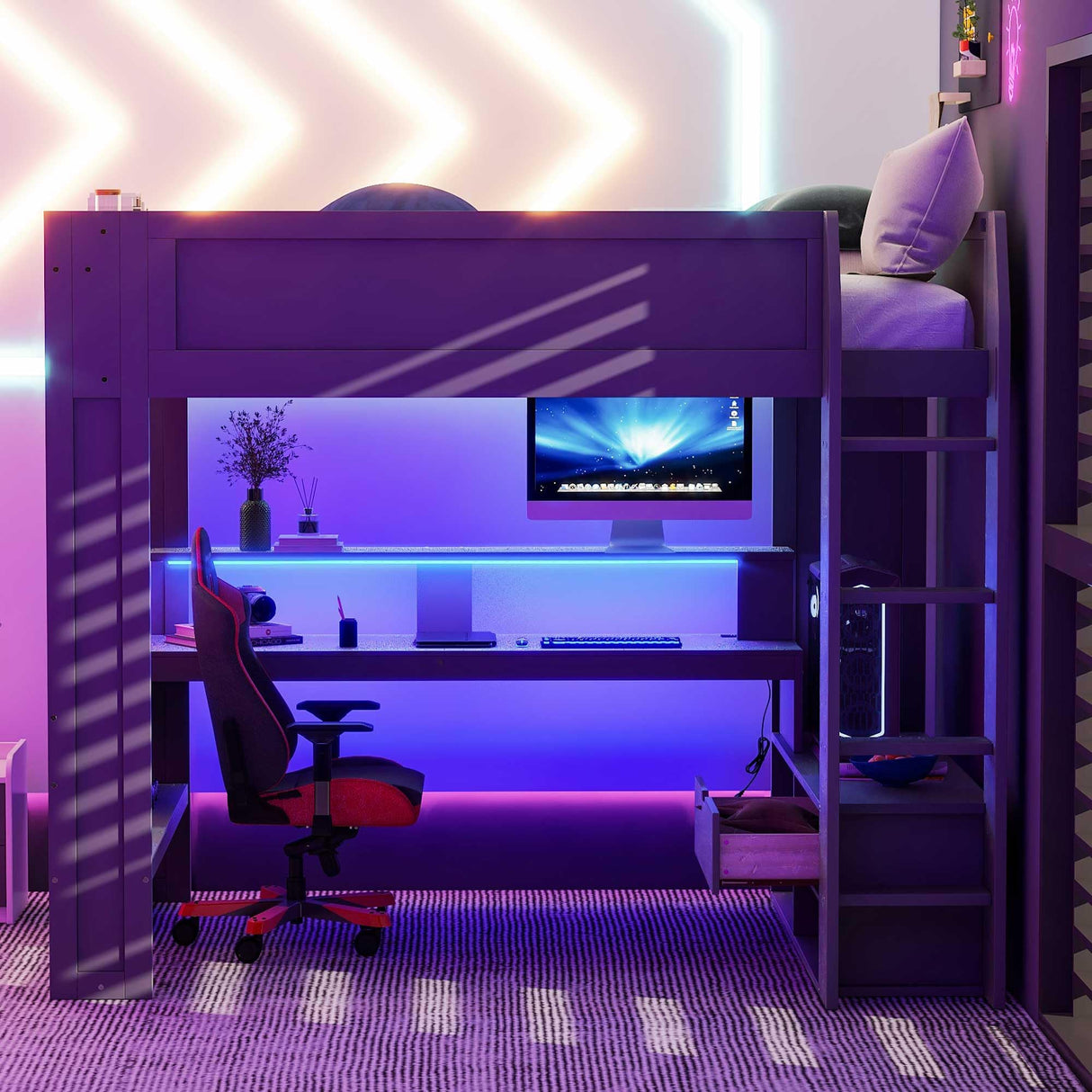 RuiSiSi Dark Gray Full Gaming Loft Bed with Desk and LED Lighting RuiSiSi
