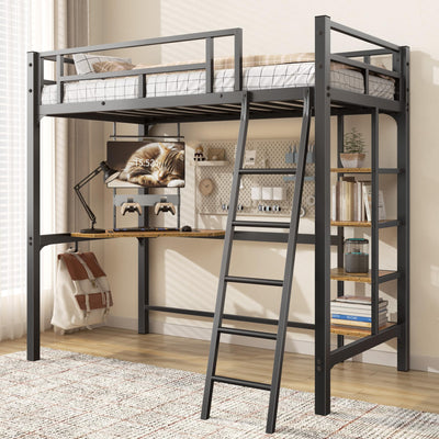 SogesSleep Loft Bed Twin Size, Bunk Bed with Desk, Shelves and Monitor Stand, Heavy Duty Metal Twin Loft Bed with Charging Station, Safety Guard & Ladder, Space-Saving, No Box Spring Needed