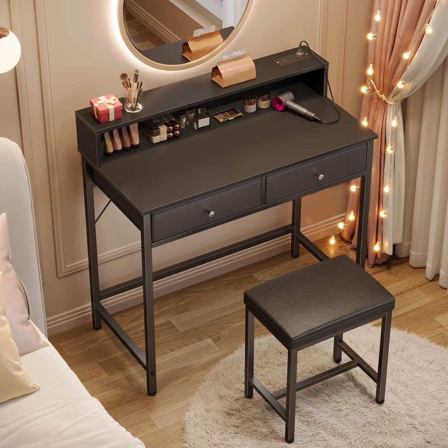 Seventable Vanity Desk Without Mirror, Makeup Vanity with Drawers and Charging Station, Small Desk with Storage for Bedroom, Simple Home Office Computer Desk for Small Spaces, Black