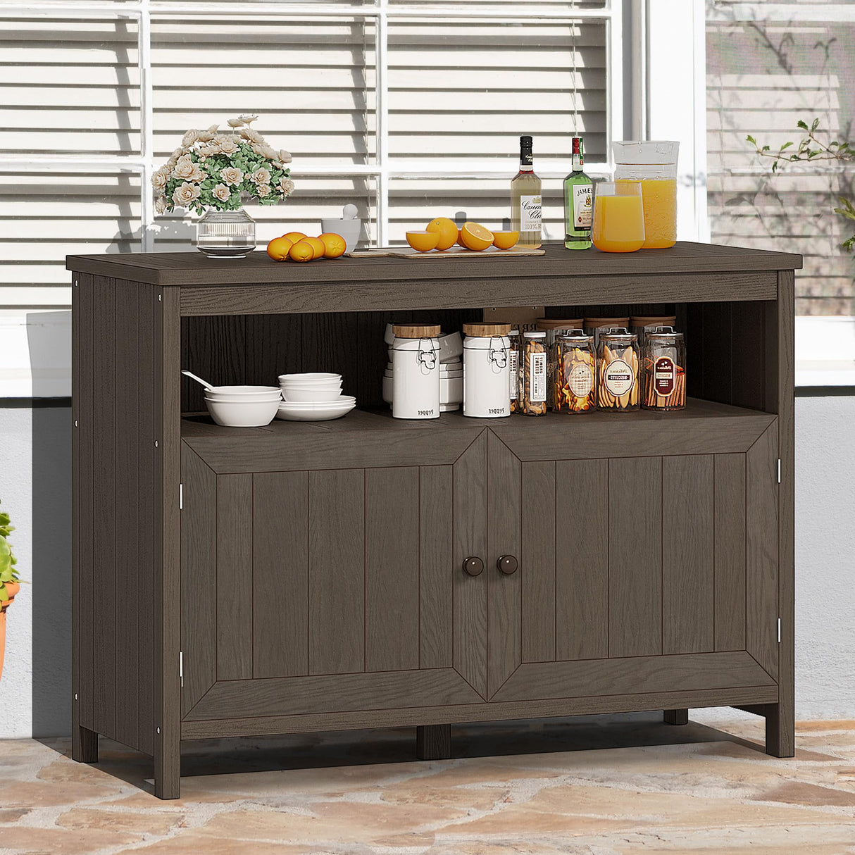DWVO Poly Lumber Outdoor Sideboard, Patio Bar Table with Storage and Shelves, Weather Resistant Storage Cabinet for Outdoor, Pool and Garden - Espresso DWVO