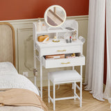 Fixwal White Small Vanity Desk Set with Lighted Mirror and Chair, Makeup Dresser with 2 Fabric Drawers, Power Outlet, Compact Table with Cushioned Stool for Bedroom Small Space Fixwal