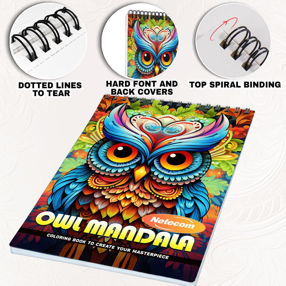 Netecom Owl Mandala Coloring Book Spiral Bound for Adults, Soft Cover, 30 Calming Coloring Pages in Owl Mandala Designs for Stress Relief and Relaxation Netecom