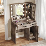 NEDYO Vanity with Mirror and Lights, Farmhouse Vanity Desk, Makeup Vanity Table Set, Small Wood Vanity with Chair, Vintage Large Light Bulbs Dimmable Mirror, Shelves and Drawers. Oak NEDYO