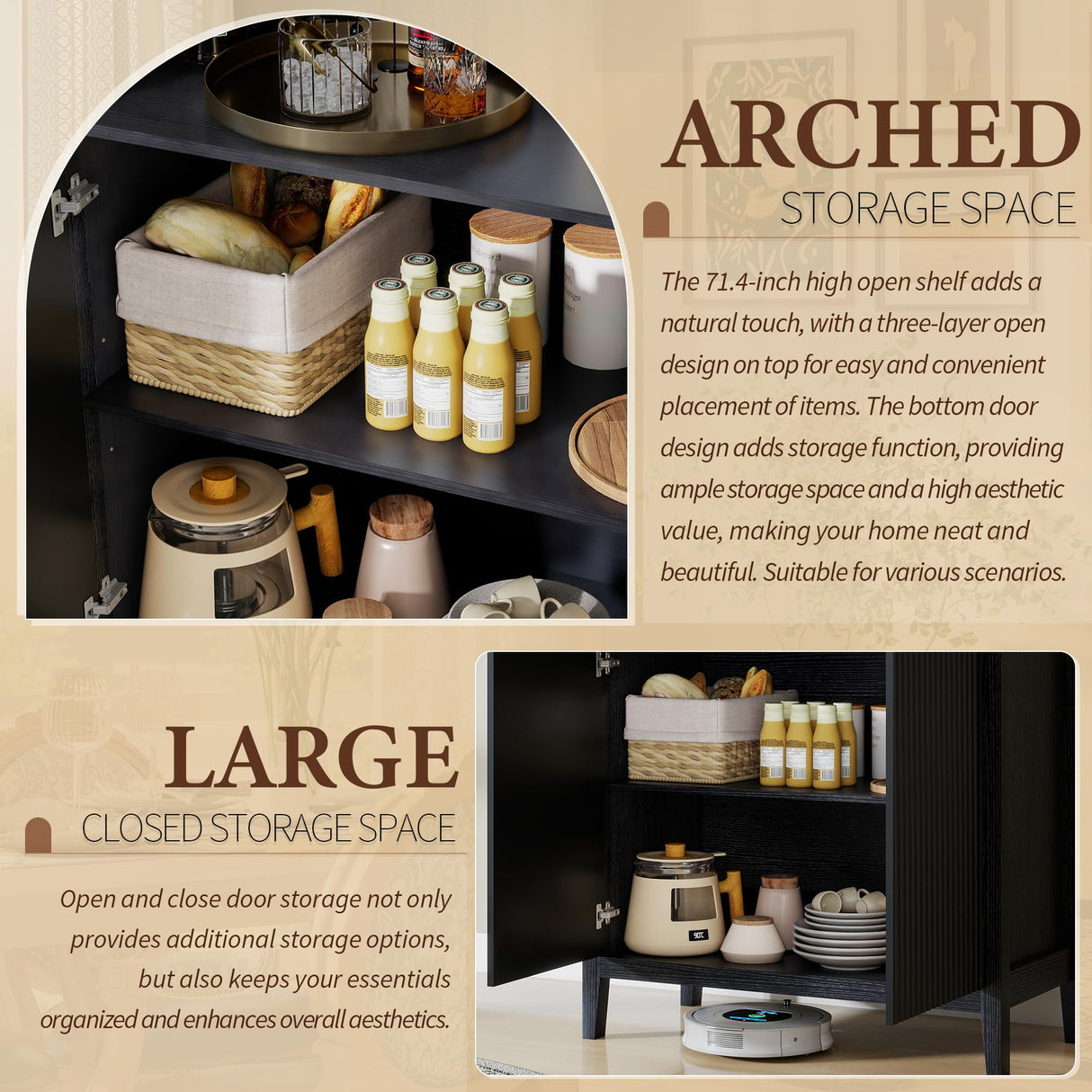 LYNCOHOME 71 Inch Fluted Arched Cabinet with Doors, Tall Storage Cabinet, Oak Wood Finish, Adjustable Shelves, Arched Bookcase for Dining Room,Kitchen（Black） LYNCOHOME