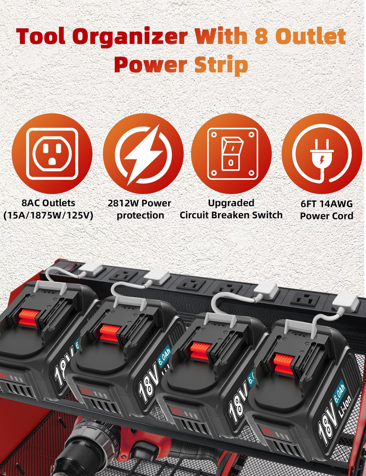 Power Tool Organizer wtih Charging Station，3 Layers Storage Rack with Screwdriver Rack 6 Drill Holders 8 Outlets Max Load 110lbs，for Workshop Garage Organizers and Storage Tool Battery Holder (Red) YOUNITA