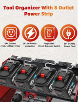 Power Tool Organizer wtih Charging Station，3 Layers Storage Rack with Screwdriver Rack 6 Drill Holders 8 Outlets Max Load 110lbs，for Workshop Garage Organizers and Storage Tool Battery Holder (Red) YOUNITA