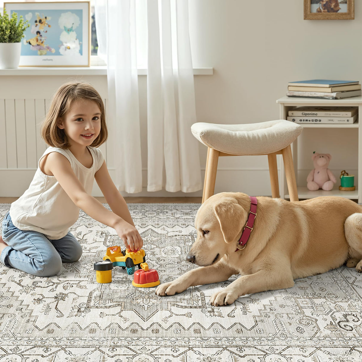 Area Rugs for Living Rooms - 6x9, Boho Non-Slip Low Pile Carpet Machine Washable Rugs for Bedroom, Farmhouse, Office, Dining Room (Beige) befbee