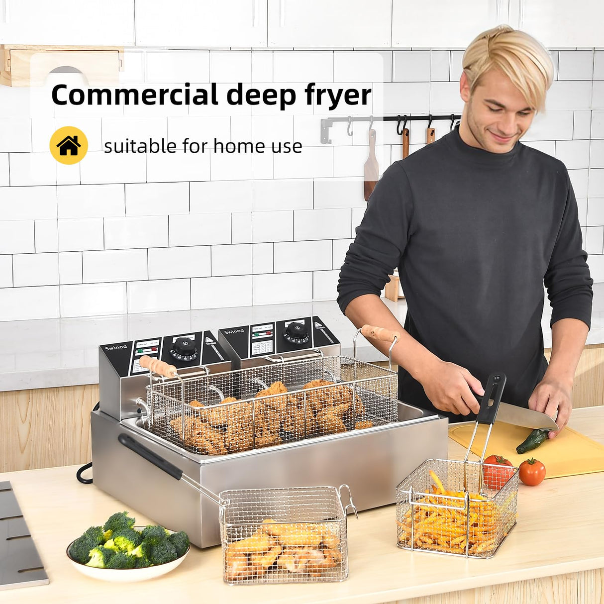 Commercial Deep Fryer with Basket for Restaurant or Home Use, Detachable Large Capacity Stainless Steel Countertop Electric Oil Fryer with Temperature Control Swinod