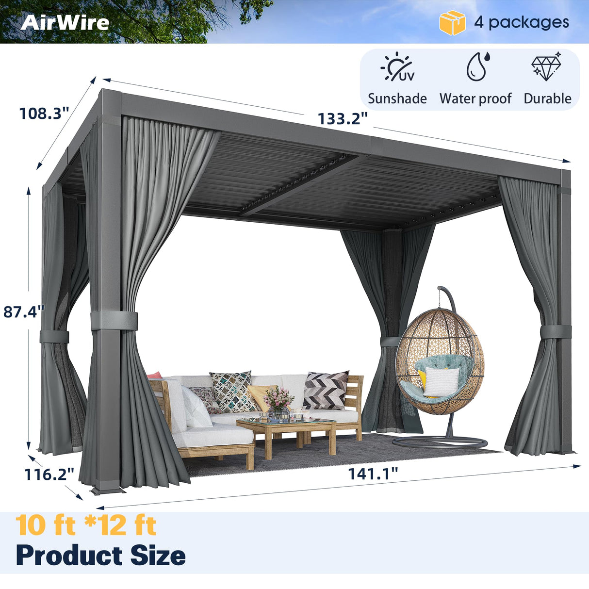Airwire Pergola 10x12 Ft Louvered Pergola Aluminum Outdoor Pergolas W/Adjustable Roof, Waterproof Curtains and Nets Outdoor Gazebo for Deck,Patio,Backyard and Garden AirWire