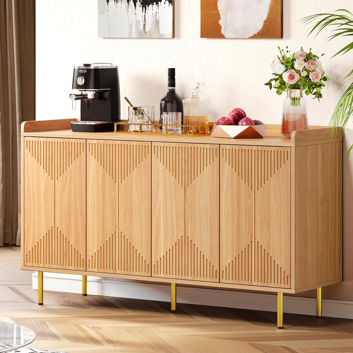 YITAHOME Modern Natural Wood Sideboard Buffet Cabinet with Carved Doors for Living Room and Dining Room YITAHOME