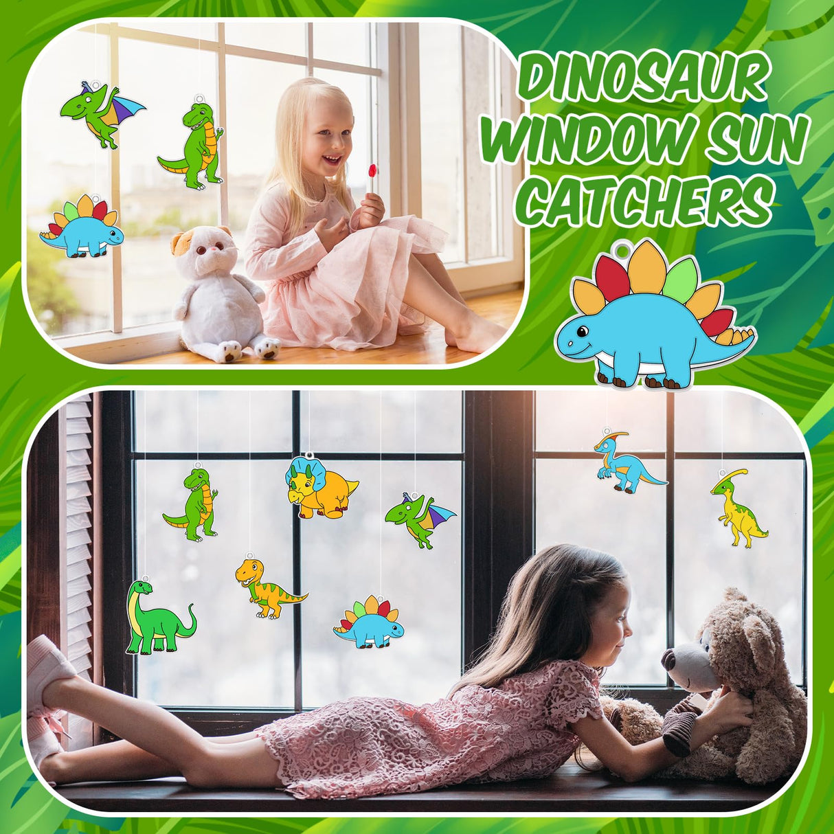 Cholemy 24 Sets Dinosaurs Sun Catcher Kit Include Suncatcher Craft with Paints Suction Cups Fishing Thread, Dinosaurs DIY Window Art Kit Paintable Suncatchers Decorations for Gifts Cholemy