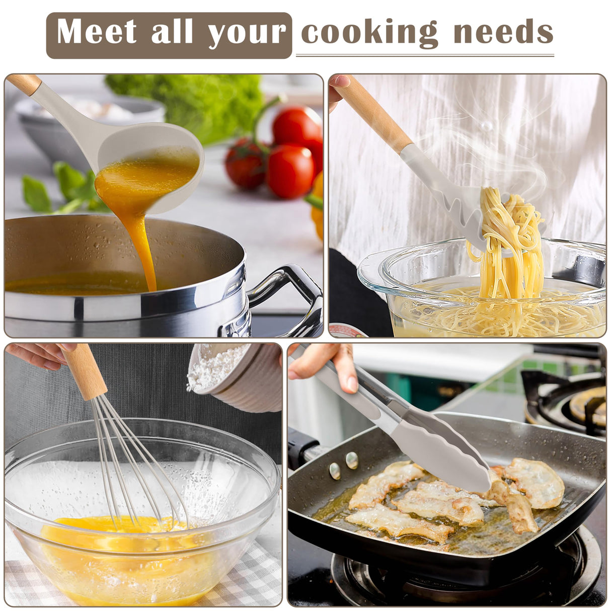 E-far Silicone Cooking Utensils Set, 10-Piece Heat Resistant Kitchen Utensils Set with Wooden Handle for Nonstick Cookware, Kitchen Nonstick Tools Spatula Whisk Tongs Ladle, Non-toxic & Healthy(Khaki) E-far