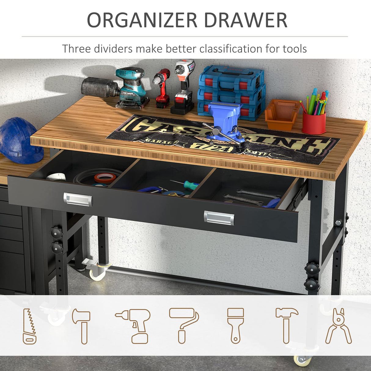 HOMCOM 47" Work Bench with Drawer, Height Adjustable Legs, Bamboo Tabletop Workstation Tool Table on Wheels for Garage, Weight Capacity 1320 Lbs, Black/Natural HOMCOM