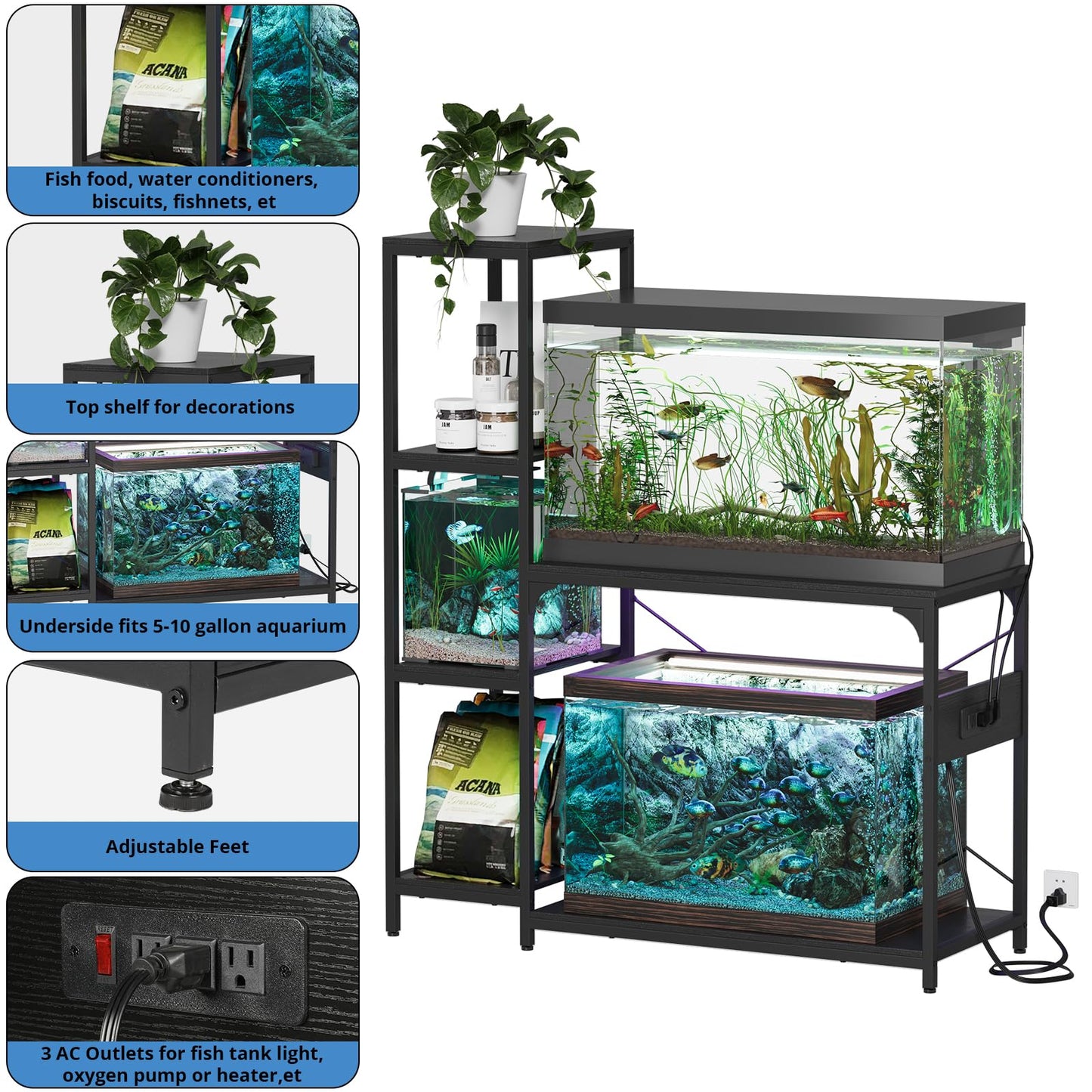 VOWNER 20-29 Gallon Fish Tank Stand with Power Outlet, Wood Aquarium Stand with Shelves for Fish Tank Accessories Storage, Heavy Duty Metal Frame, Turtle Reptile Terrarium Stand, Load 500lb,  - WoodArtSupply