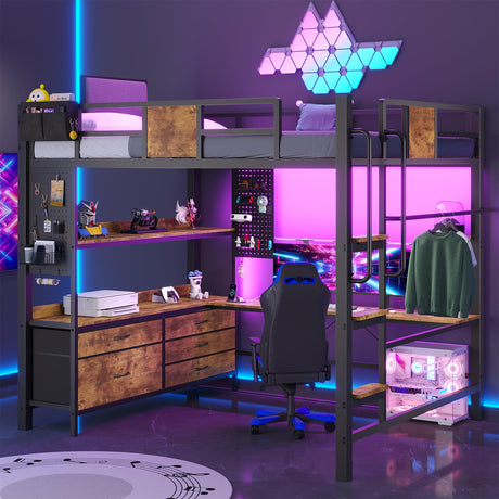 Dnxao Loft Bed with L-Shaped Desk Full Size,Full Size Bed Frame with 5 Storage Drawers, Bunk Bed with Desk,1 Bedside Organizer,LED Lights & Charging Station,Safety Guardrail,Noise Free,Rustic Brown Dnxao