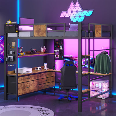 Dnxao Loft Bed with L-Shaped Desk Full Size,Full Size Bed Frame with 5 Storage Drawers, Bunk Bed with Desk,1 Bedside Organizer,LED Lights & Charging Station,Safety Guardrail,Noise Free,Rustic Brown