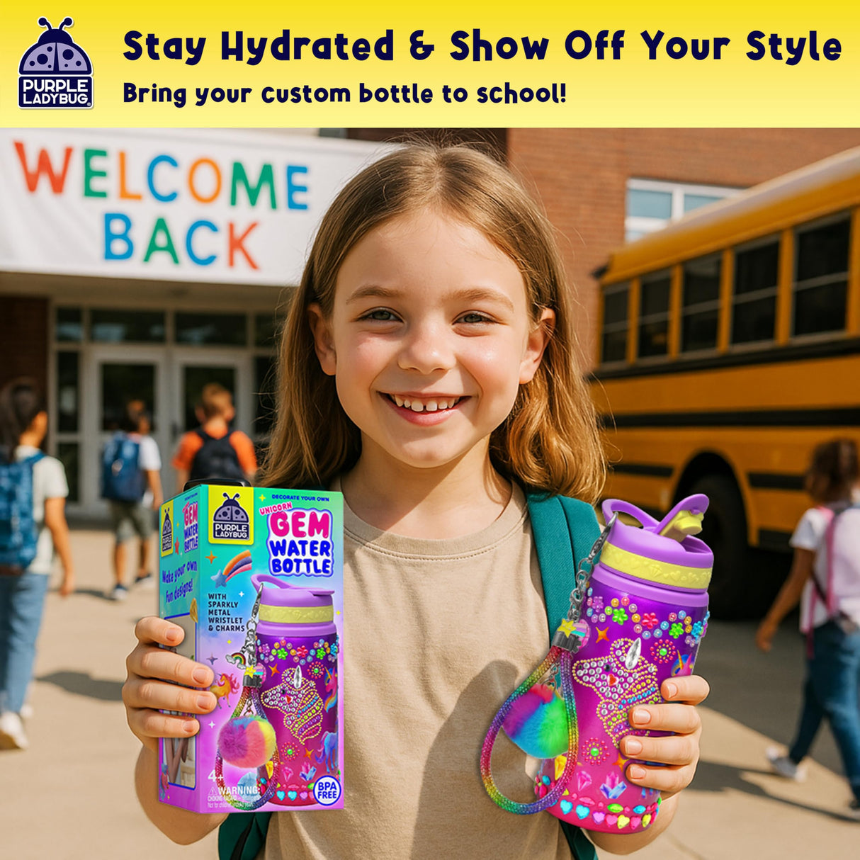 PURPLE LADYBUG Decorate Your Own Water Bottle Kit for Girls - Unicorn Design with Glitter Gem Stickers, Gifts for Girls Ages 5-8-10 Years Old Birthday, Fun Craft for Kids, Water Bottle for School PURPLE LADYBUG