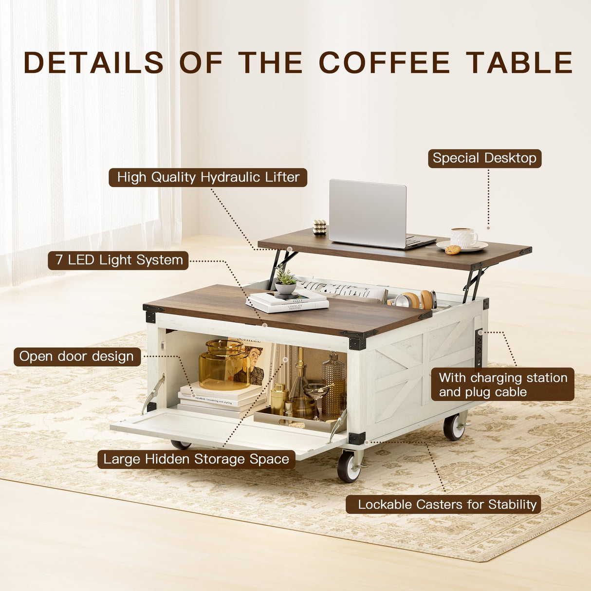 EFQHADK 36''Double-Sided Lift Top Coffee Table- Living Room Farmhouse Coffee Table with Storage- Large Square Wood Center Table with Lockable Wheels&Led, Convertible for Game/Movie/Dinning (White) EFQHADK