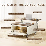 EFQHADK 36''Double-Sided Lift Top Coffee Table- Living Room Farmhouse Coffee Table with Storage- Large Square Wood Center Table with Lockable Wheels&Led, Convertible for Game/Movie/Dinning (White) EFQHADK