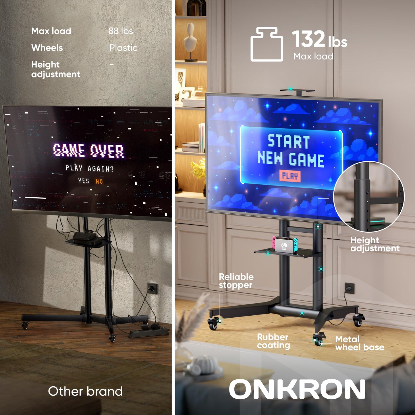 ONKRON Mobile TV Stand on Wheels for 32-75 Inch TVs up to 132 lbs, Height Adjustable TV Stand Portable 200x200-600x400 VESA Mobile TV Cart Rolling TV Stand with Shelf/TV Movable Stand Black