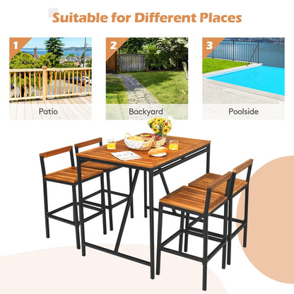 Tangkula 5-Piece Black Acacia Wood Bar Table Set with Rattan Stools and Umbrella Hole for Outdoor Spaces