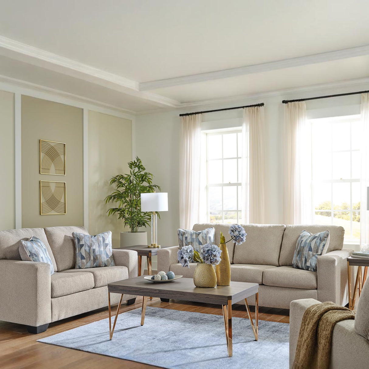 Signature Design by Ashley Deltona Contemporary Loveseat with 2 Accent Pillows, Beige Signature Design by Ashley