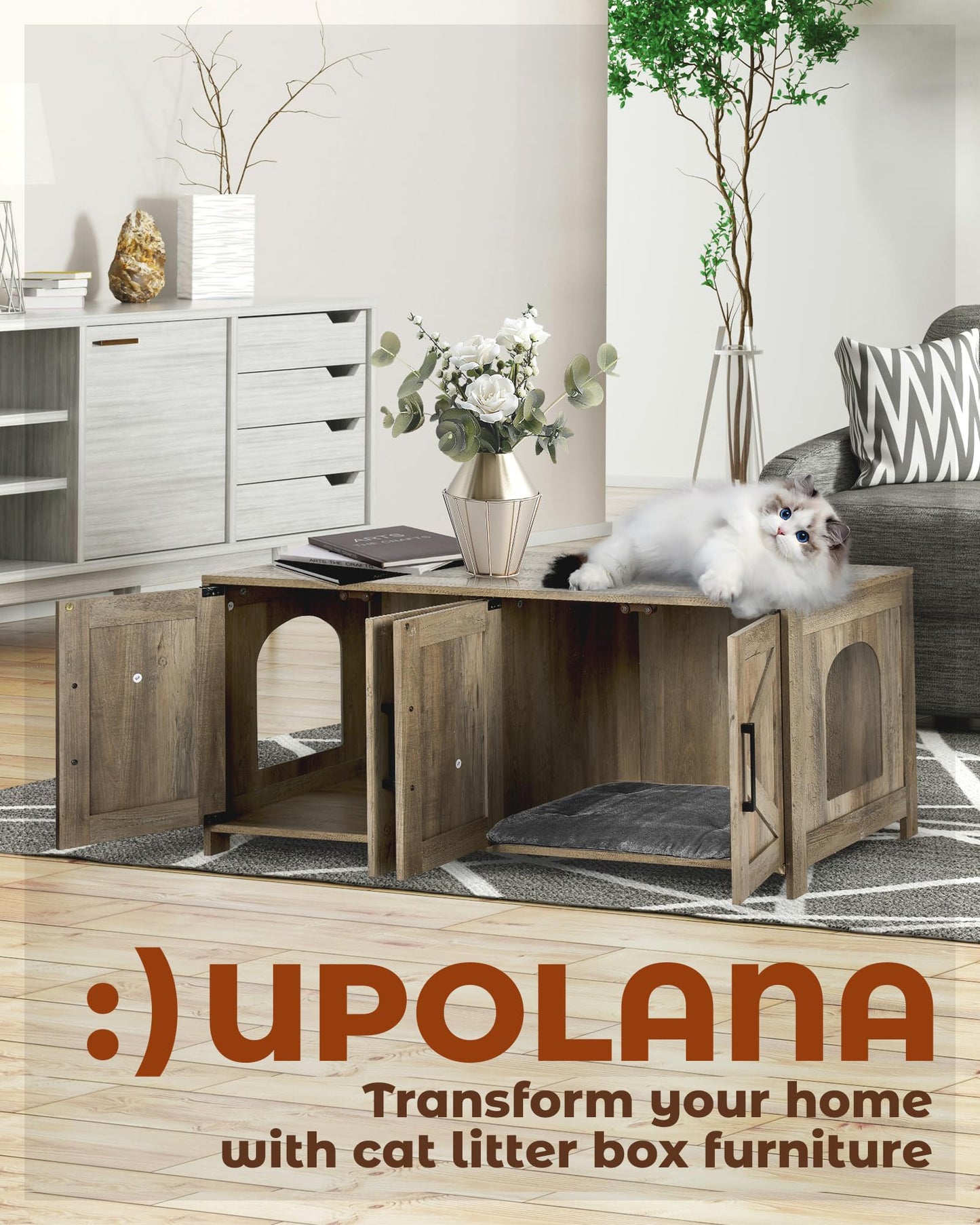 Upolana Cat Litter Box Enclosure, 48 inch Large Hidden Litter Box Furniture for 2 Cats, Double Wooden Kitty Litter Box Cabinet End Side Table, Greige