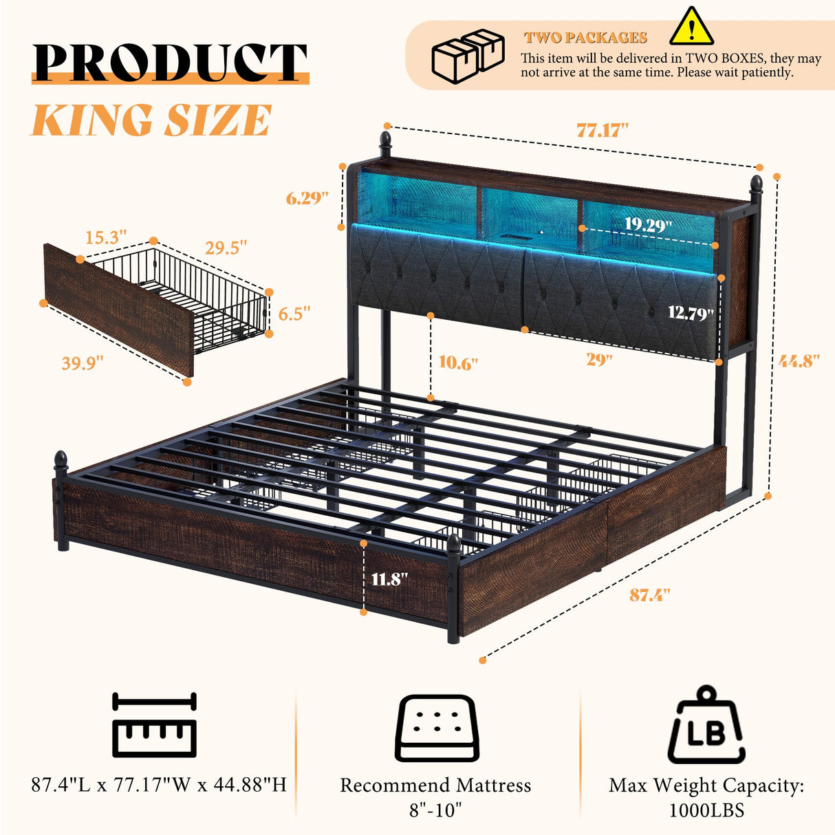 AMERLIFE King Size Bed Frame with Bookcase Headboard, 4 Storage Drawers, Wooden Platform Bed with Charging Station & LED Light, No Box Spring Needed, Noise-Free, Rustic Brown AMERLIFE