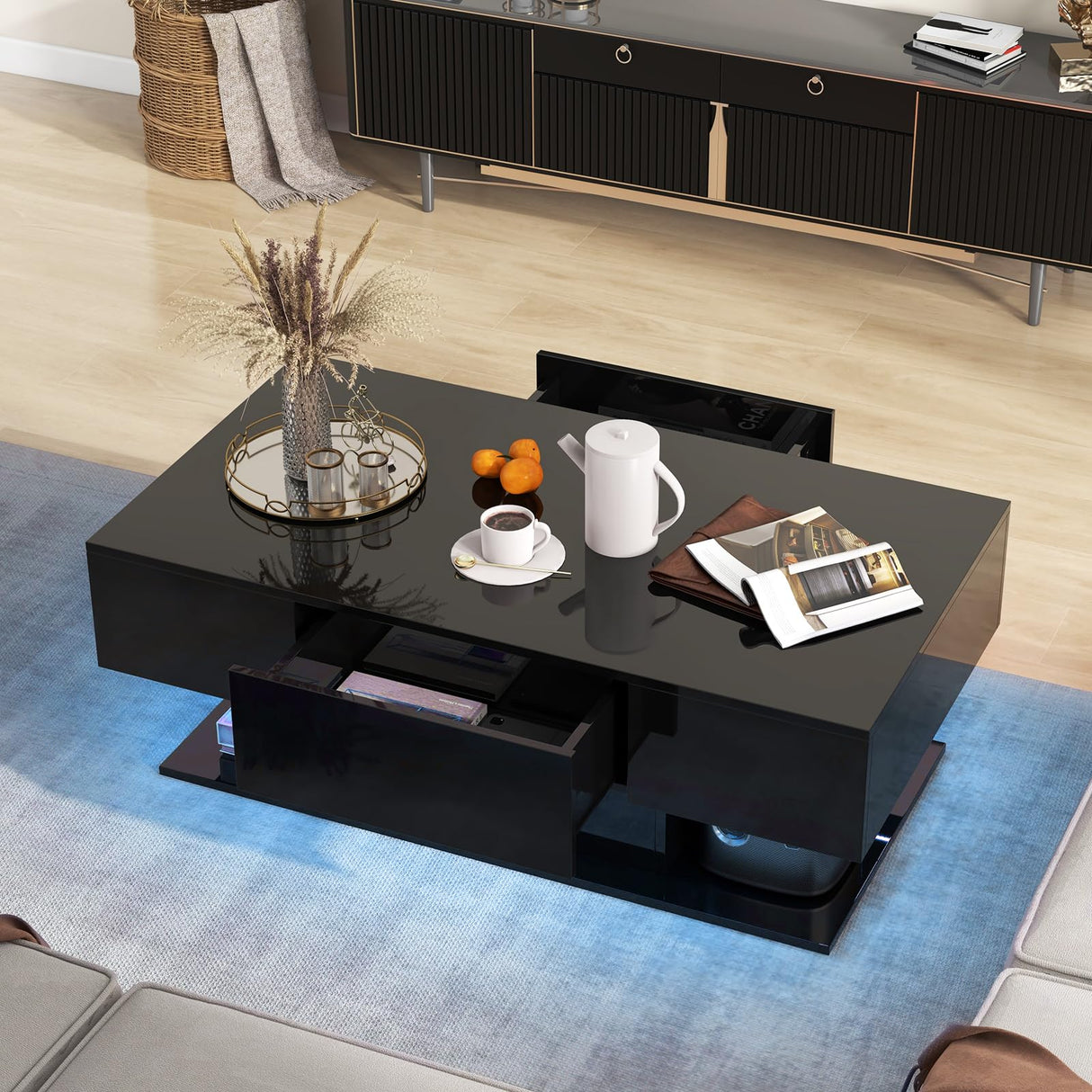 Giantex Modern LED Coffee Table - 2-Tier Center Table w/ 2 Storage Drawers, Adjustable Brightness & Speed, 20-Color Light, 43.5''L Rectangular High-Gloss Finished Table for Living Room (Black) Giantex