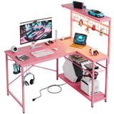Bestier 42 L Gaming Desk,Computer Desk with Power Outlets, LED Lights, Reversible Corner Desk with 4-Tier Shelves,Cup Holder & Hook Carbon Fiber Pink Bestier