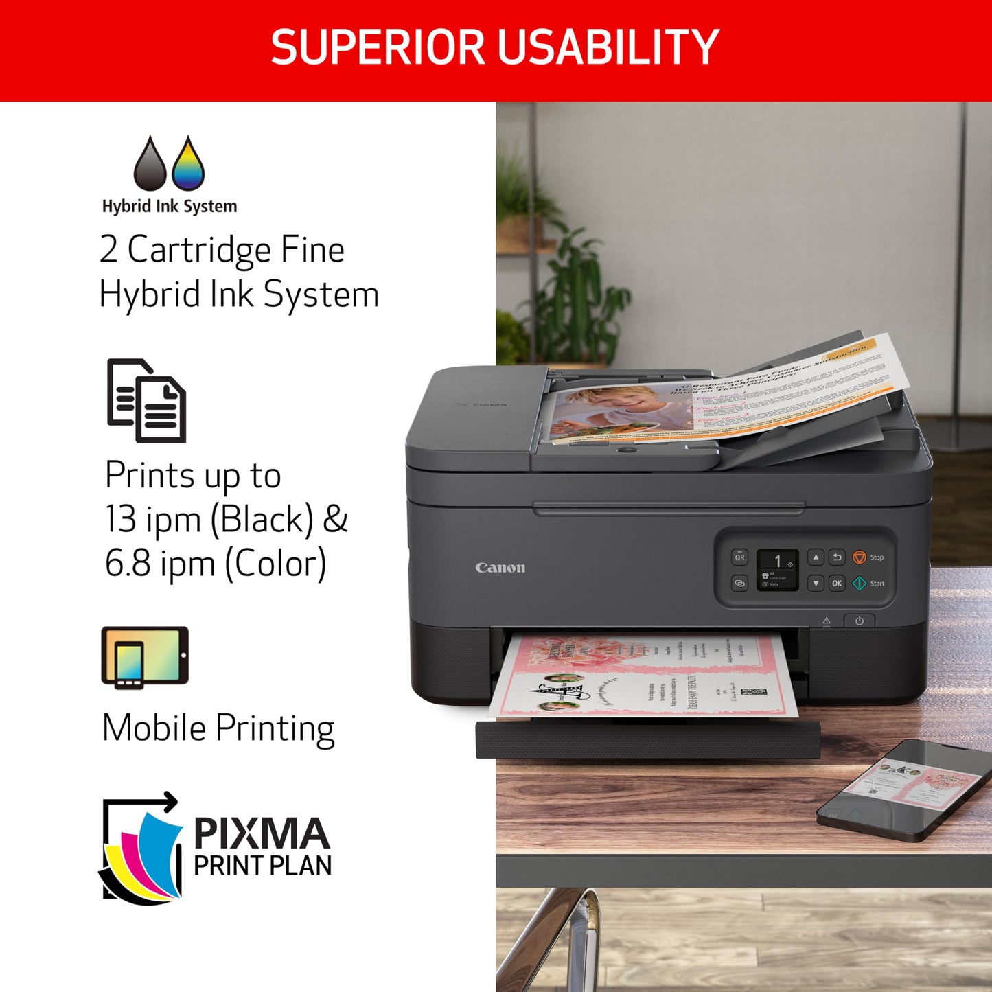 Canon PIXMA TR7020a All-in-One Wireless Color Inkjet Printer, with Duplex Printing, Mobile Printing, and Auto Document Feeder, Black, Works with Alexa