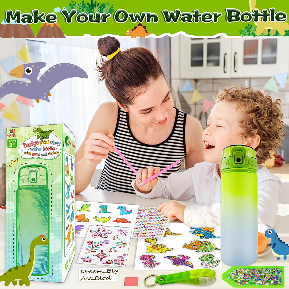 YOFUN Decorate Your Own Dinosaur Water Bottle for Boys,Dinosaur Arts and Crafts for Kids, Dinosaur Toys for Boys Birthday, Christmas, Ages 3-4-6-8 (Dinosaur Theme) Y YOFUN