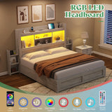 AMERLIFE Queen Bed Frame with 4 Storage Drawer, LED Bed Frame with 49.6" Tall Bookcase Headboard, Wood Platform Bed with Charging Station & 2 Slide Bedside Shelf, No Box Spring Needed/Distressed White AMERLIFE