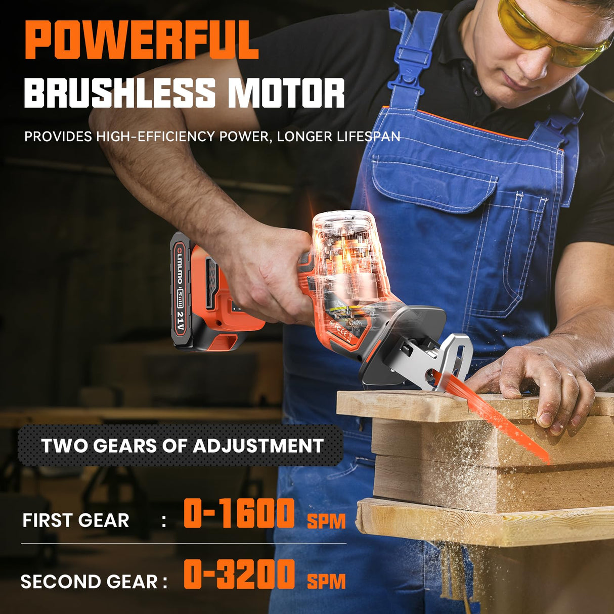 Cordless Reciprocating Saw With 8 Blades – Brushless Motor, Variable Speed 0‑3200 SPM, 2×2000mAh Batteries, Tool‑Free Blade Change, Power Reciprocating Saw for PVC Wood, Metal Cutting DIY olmlmo