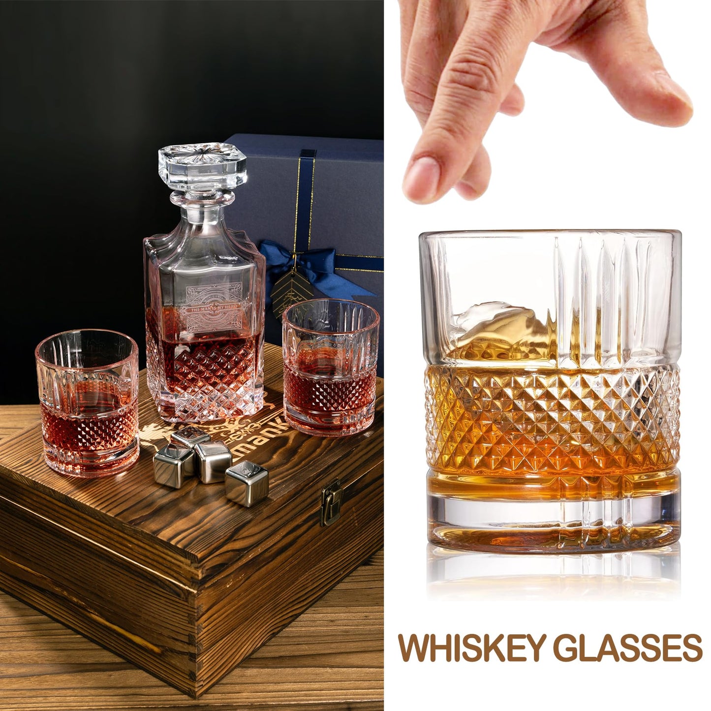 XmanKing Whiskey Decanter, Decanter Sets for Men, Whiskey Glasses, Stainless Steel Whiskey Stones and Tongs with Wooden Gift Box, Father's Day Gifts for Dad, Retirement Birthday Gifts for Men