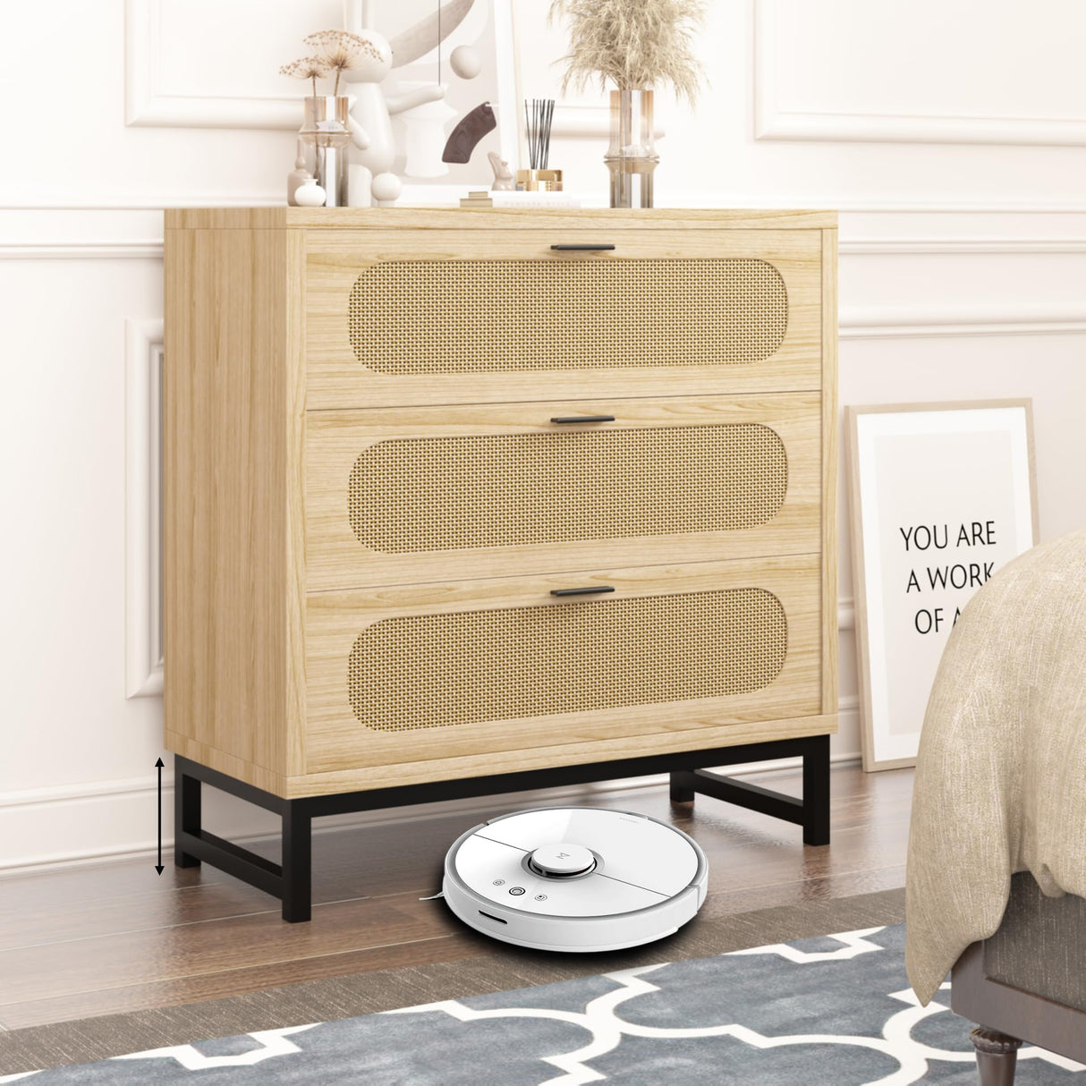 LSKTGA 3 Drawer Dresser for Bedroom, Rattan Dresser Modern Closet Dressers Chest of Drawers, Farmhouse Wood Storage Chest of Drawers for Closet, Living Room and Hallway Closet,Nature LSKTGA