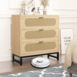 LSKTGA 3 Drawer Dresser for Bedroom, Rattan Dresser Modern Closet Dressers Chest of Drawers, Farmhouse Wood Storage Chest of Drawers for Closet, Living Room and Hallway Closet,Nature LSKTGA