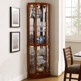 TAMUBAKS Lighted Corner Display Curio Cabinet Wooden Curved Shelving Unit with Tempered Glass Door, Bar and Liquor Storage Area with 6 Shelves - Mirror Back (Oak) TAMUBAKS