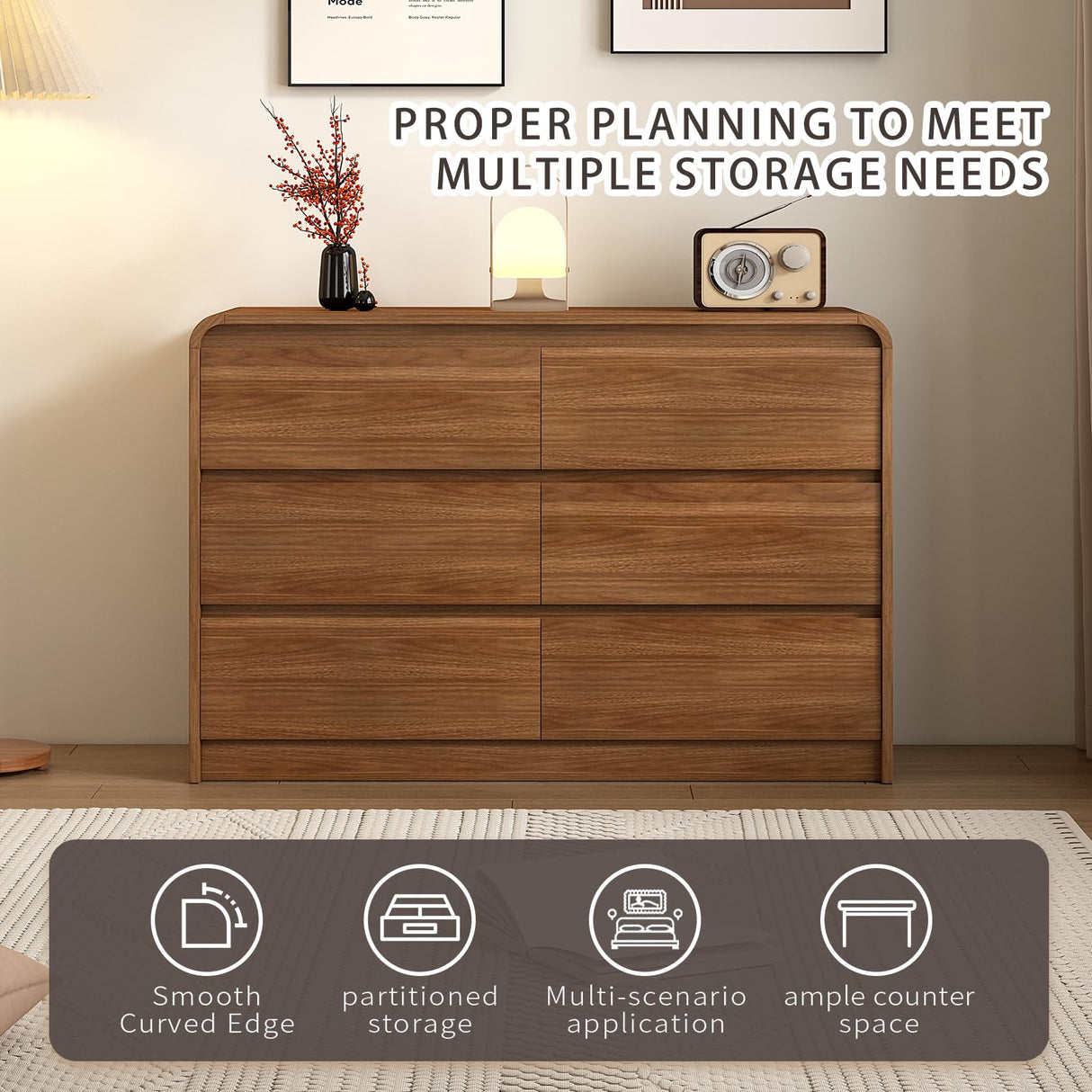 Modern 6 Drawer Dresser, 47-Inch Wood Chest of Drawers, Curved Anti-Collision Design, Mid-Century Storage Cabinet, Pre-Embedded Slots, Natural Texture, for Bedroom, Living Room, TV Stand, Nursery Messenya