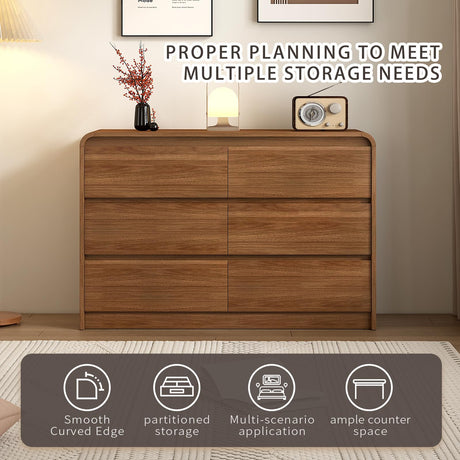 Modern 6 Drawer Dresser, 47-Inch Wood Chest of Drawers, Curved Anti-Collision Design, Mid-Century Storage Cabinet, Pre-Embedded Slots, Natural Texture, for Bedroom, Living Room, TV Stand, Nursery Messenya