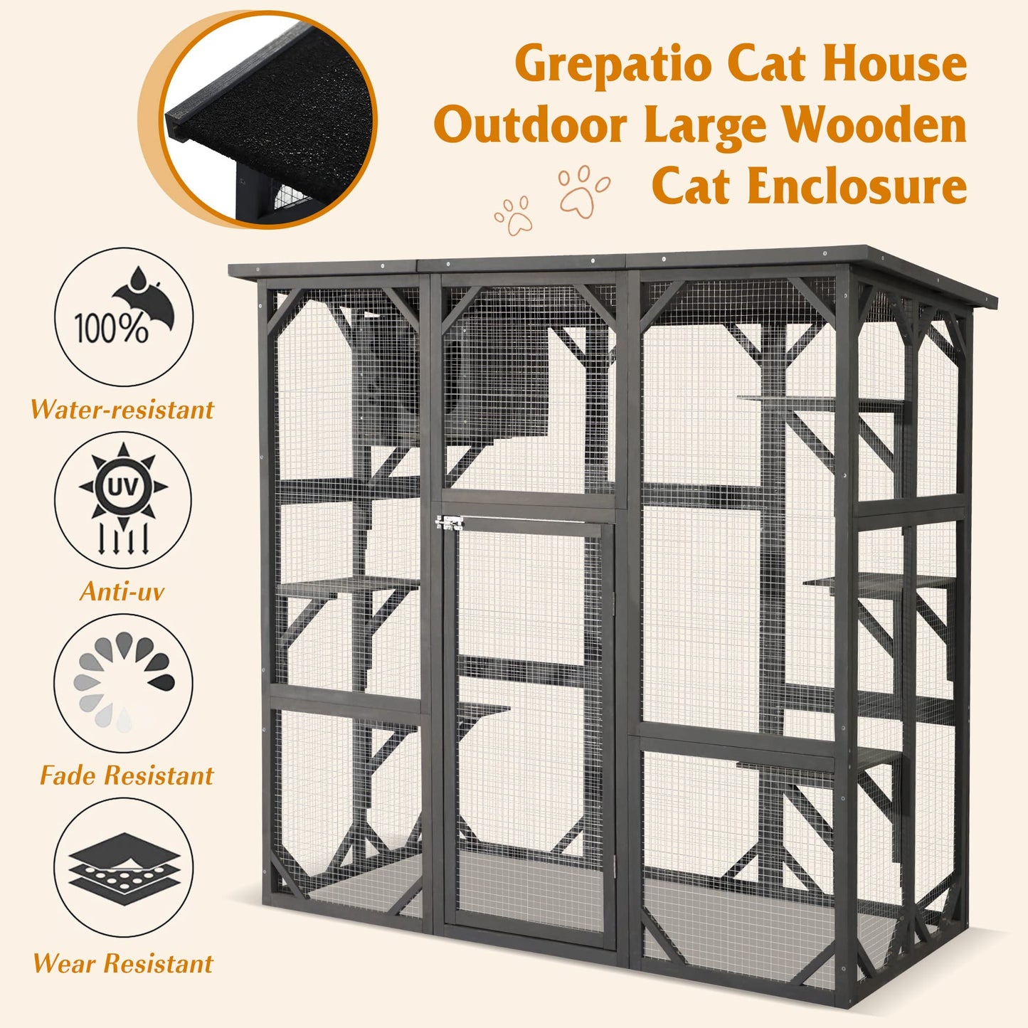 Grepatio Cat Enclosure Large Outdoor Catio Wooden Cat House with Weatherproof, Cat Cage Condo Indoor Playpen with Platform and Small House(Grey)