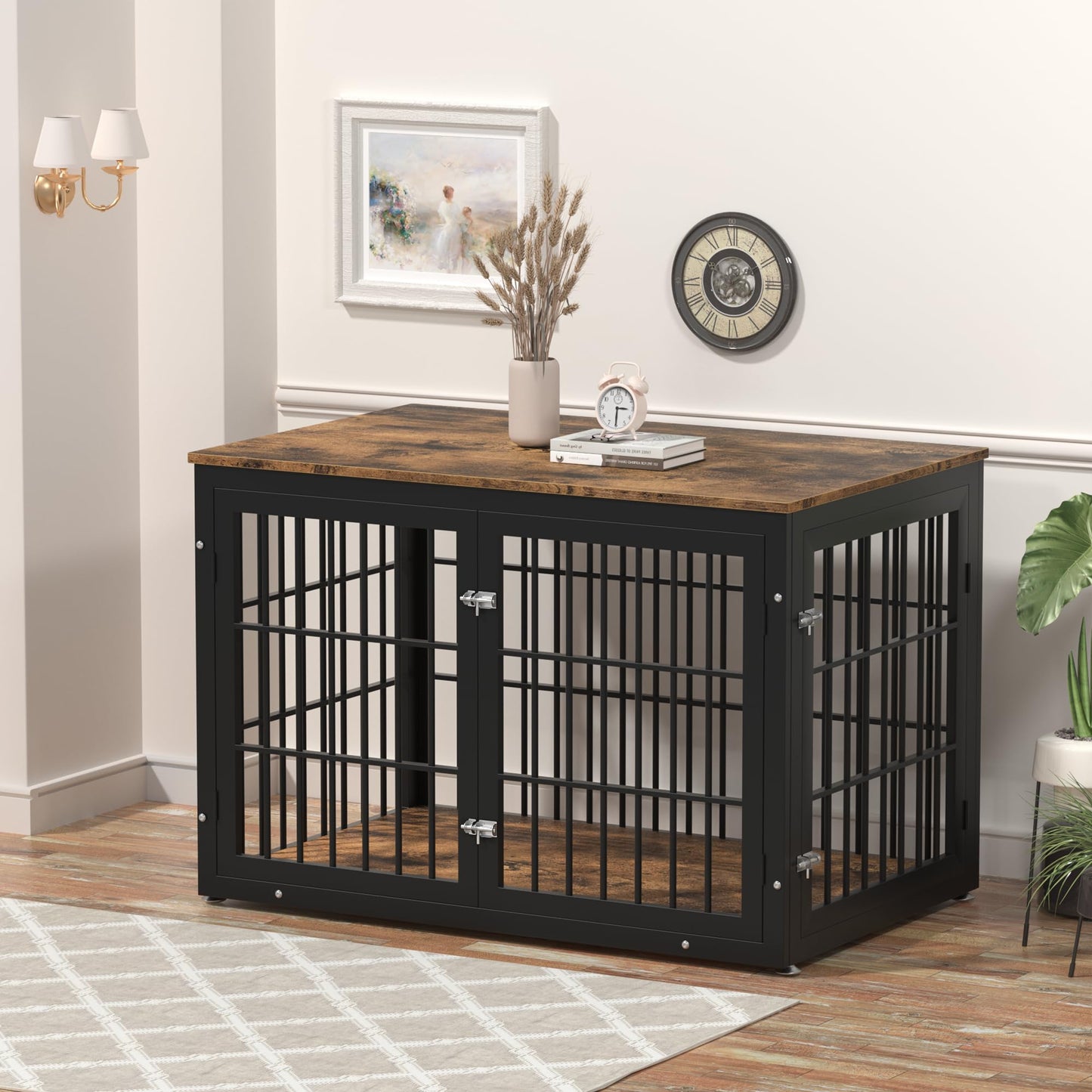 rehomerance Rustic Heavy Duty Dog Crate Furniture for Extra Large Dogs, Decorative Pet House End Table, Wooden Cage Kennel Furniture Indoor, XL, Black and Brown - WoodArtSupply