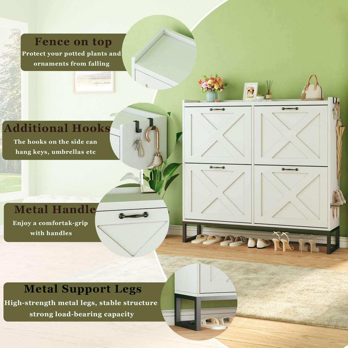 HUAHUU Shoe Cabinet with 4 Flip Drawers, Shoe Storage Cabinet with Mounted Rack & Adjustable Shelves, Shoe Cabinets Storage for Entryway, Hallway, Narrow Shoe Cabinet with Metal Legs, White HUAHUU