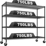 REIBII 60" W Storage Shelves 4 Tier Wire Shelving Unit with Wheels 3000 LBS Heavy Duty Steel Commercial Shelving for Garage,Pantry,Warehouse,Kitchen,School, Business,60”W ×24”D×65.3”H REIBII