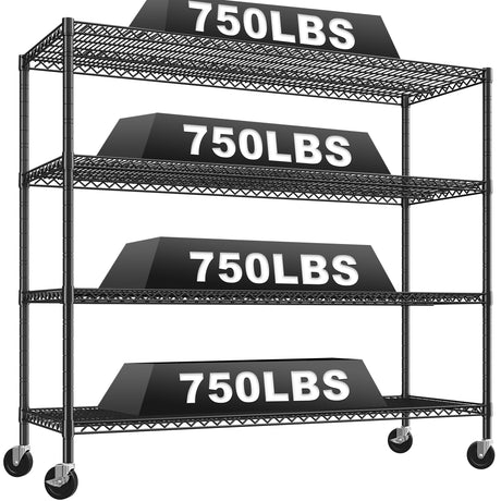 REIBII 60" W Storage Shelves 4 Tier Wire Shelving Unit with Wheels 3000 LBS Heavy Duty Steel Commercial Shelving for Garage,Pantry,Warehouse,Kitchen,School, Business,60”W ×24”D×65.3”H REIBII