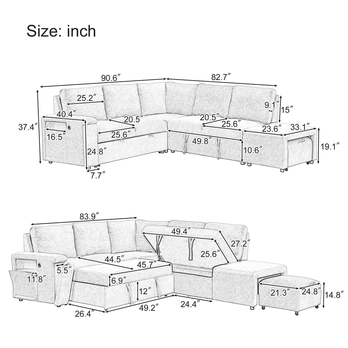 Merax L-Shaped Sectional Sofa with Removable Storage Ottoman, USB Ports and Cup Holder, Upholstered Modular Couch & Armrest, Free Combination Indoor Furniture for Living Room, Apartments, Beige Merax