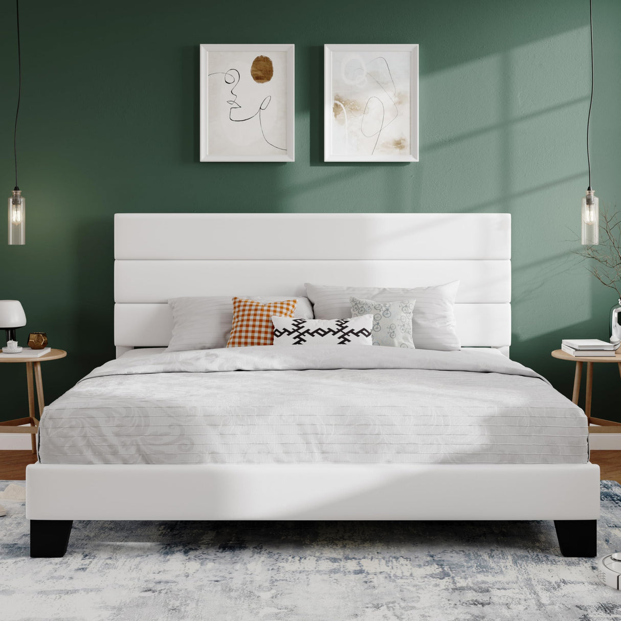 SHA CERLIN King Platform Bed Frame with Velvet Upholstered Headboard, Mattress Foundation with Strong Wooden Slats Support, No Box Spring Needed, White SHA CERLIN