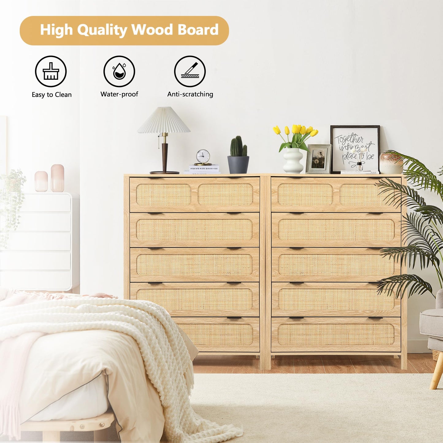 UHMUVFM 5 Drawer Dresser with Rattan Finish, Modern Farmhouse Chest of Drawers with Metal Handles, Accent Wood Storage Cabinet for Bedroom, Living Room and Kitchen (Natural) - WoodArtSupply