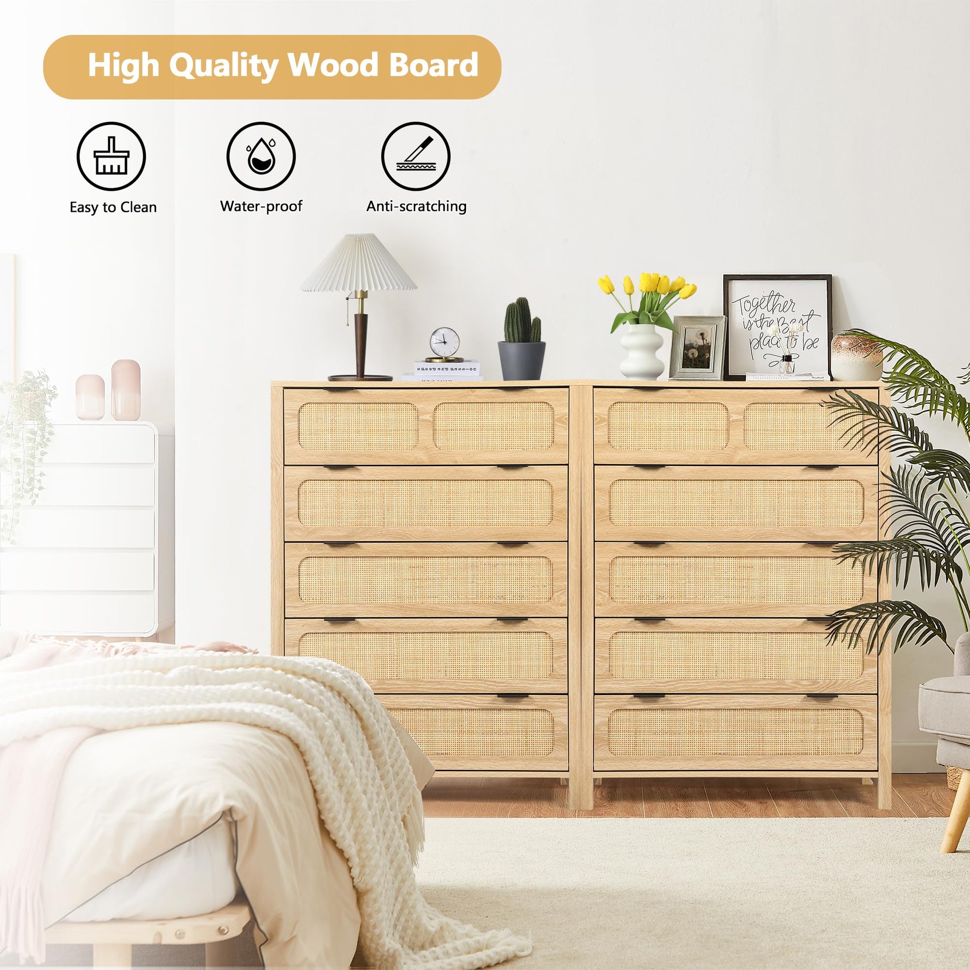 UHMUVFM 5 Drawer Dresser with Rattan Finish, Modern Farmhouse Chest of Drawers with Metal Handles, Accent Wood Storage Cabinet for Bedroom, Living Room and Kitchen (Natural) - WoodArtSupply